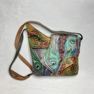ANUSCHKA Vintage Leather Hand Painted Hobo Peacock Feather Crossbody